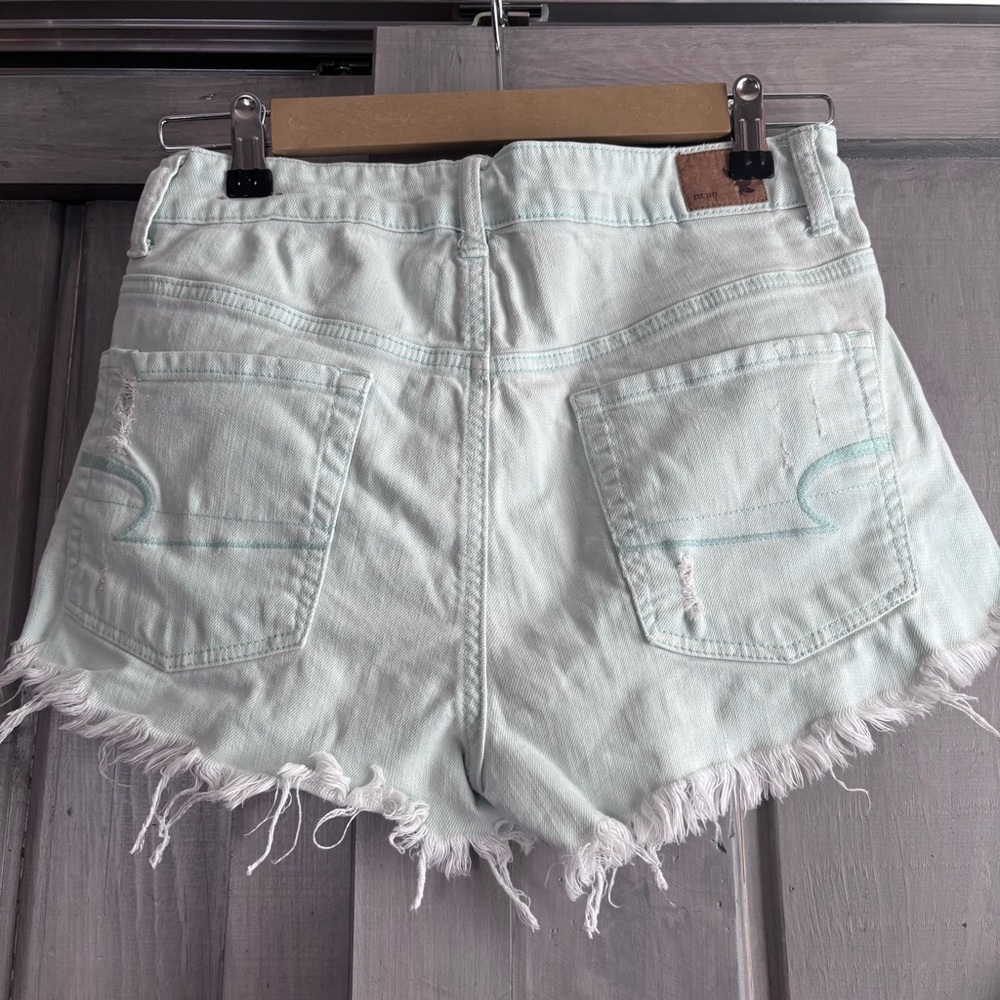 American Eagle Beachy Blue Raw Hem Denim Jean Shorts Stretch Size‎ 6 - Picture 3 of 5